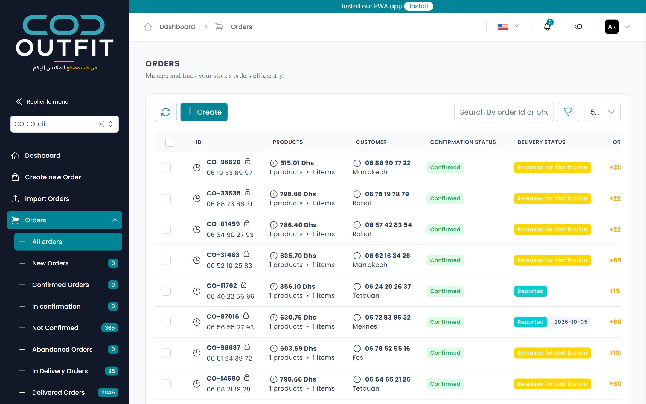 A seller's orders: products, customer, confirmation status, delivery status
