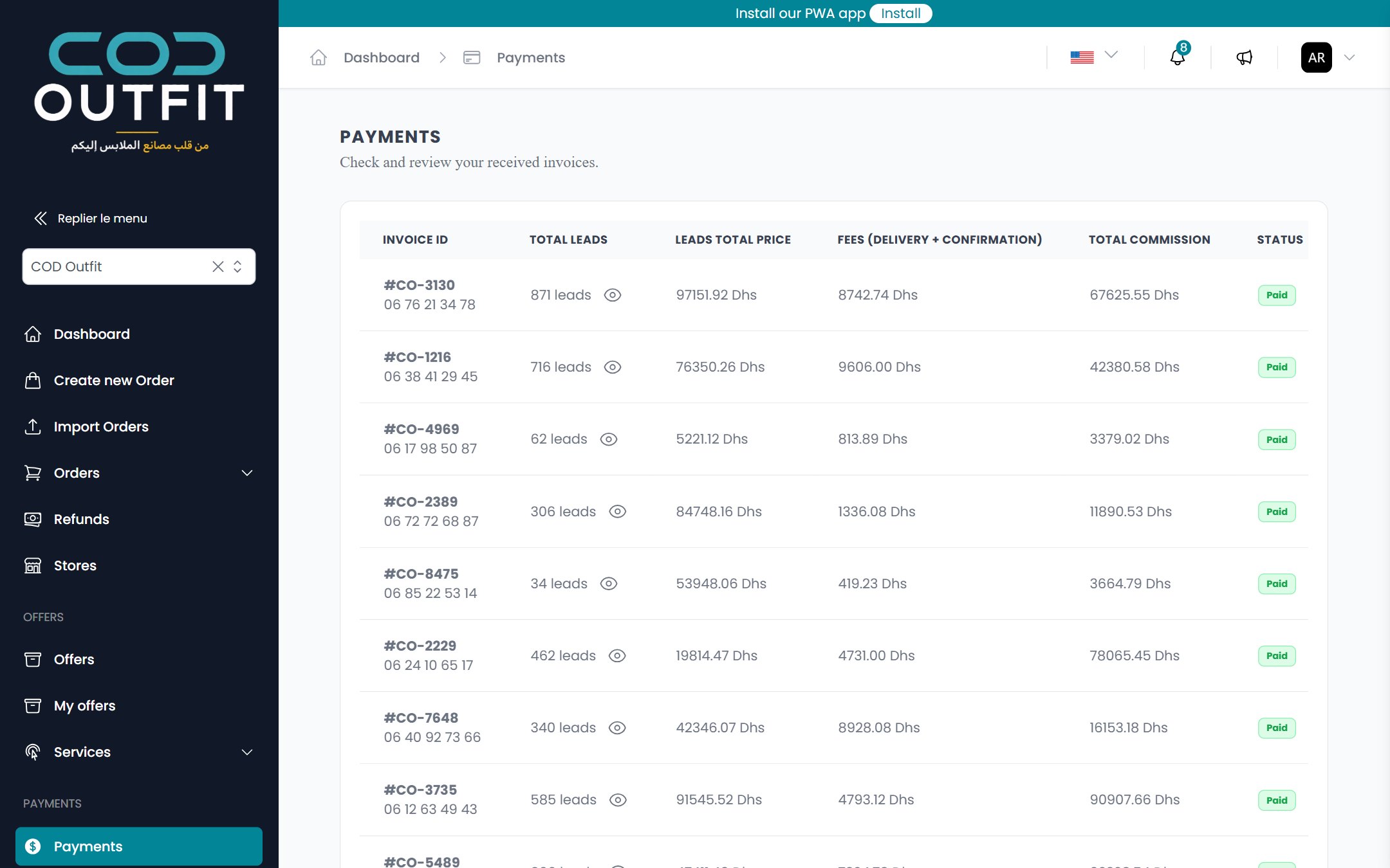 A seller's statements: leads, total price, fees, commission